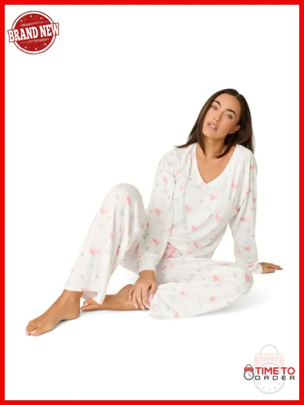 Cloud Jersey Open-bottom Pajama 2-piece Set with Wine Glass Print